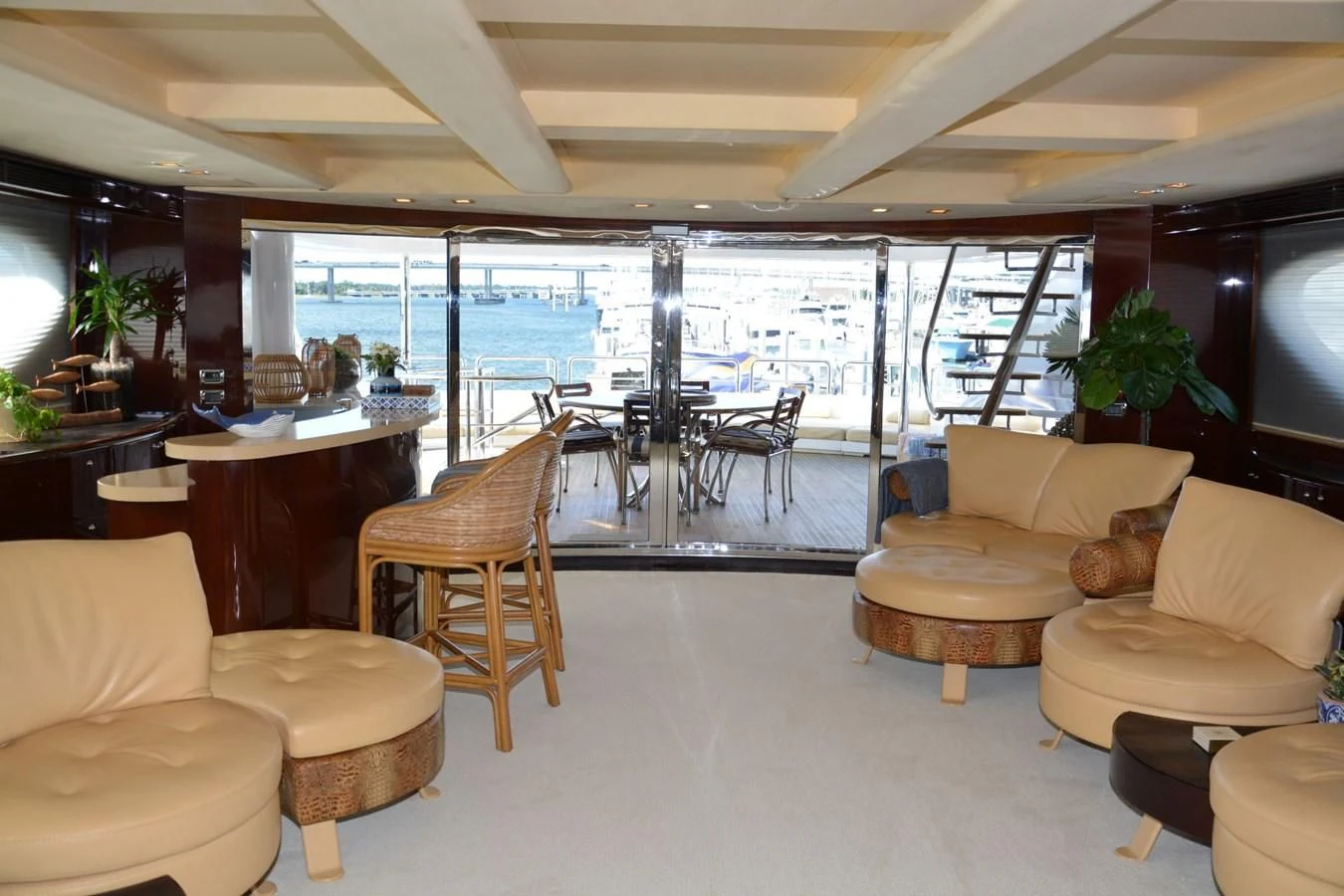 a living room with a large glass window aboard TRUE NORTH Yacht for Sale