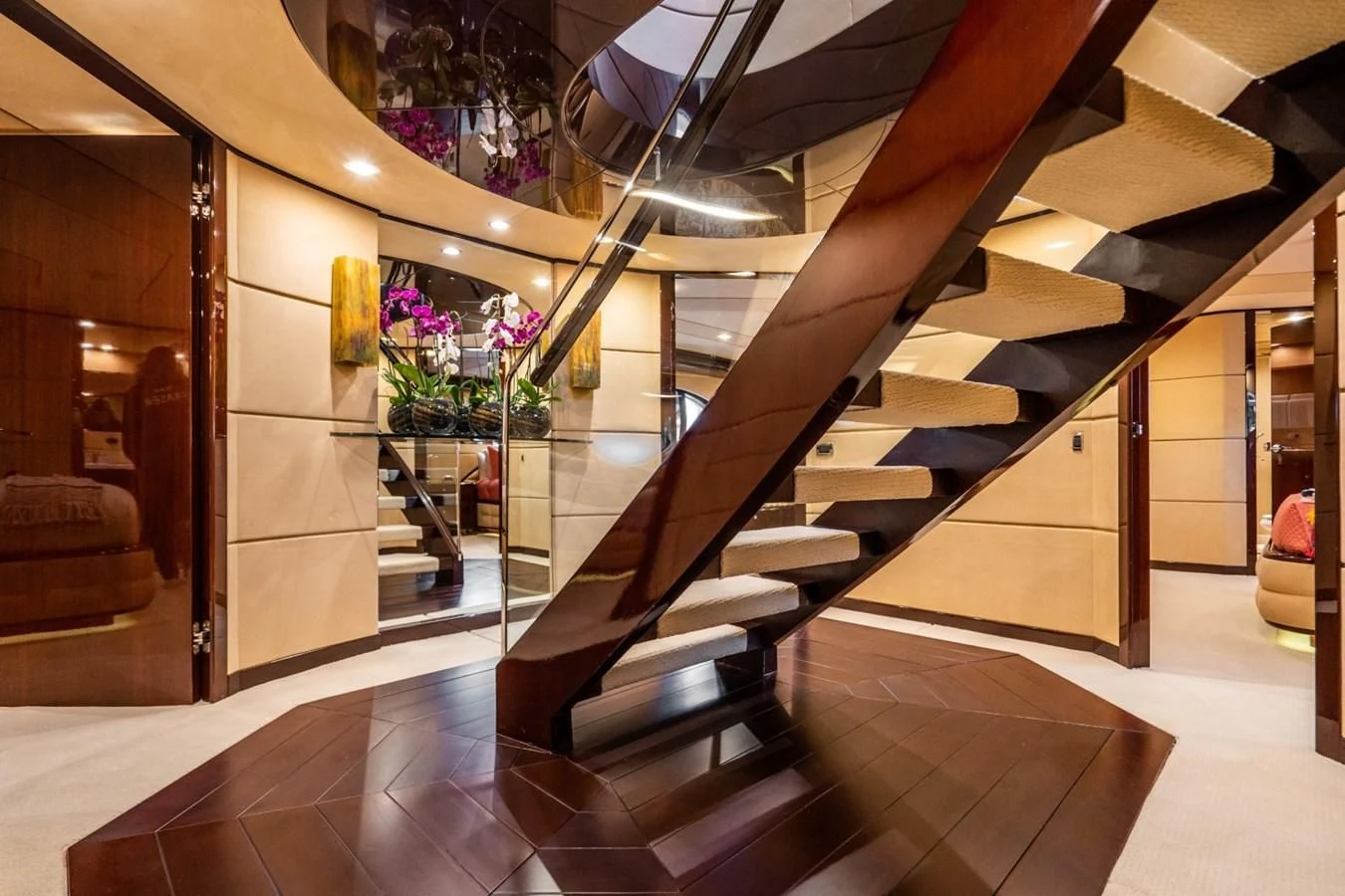 a large staircase in a building aboard TRUE NORTH Yacht for Sale