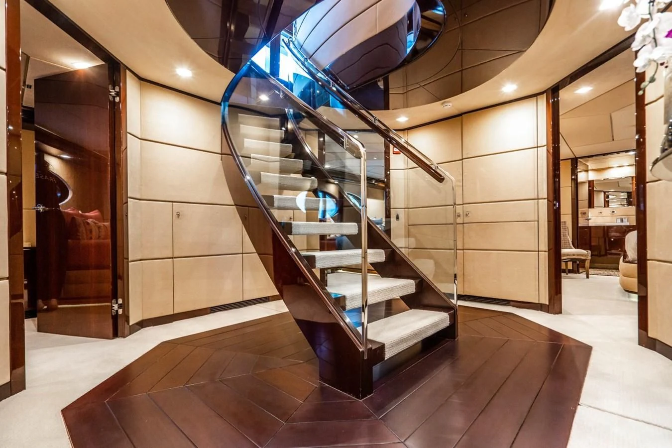a staircase in a building aboard TRUE NORTH Yacht for Sale