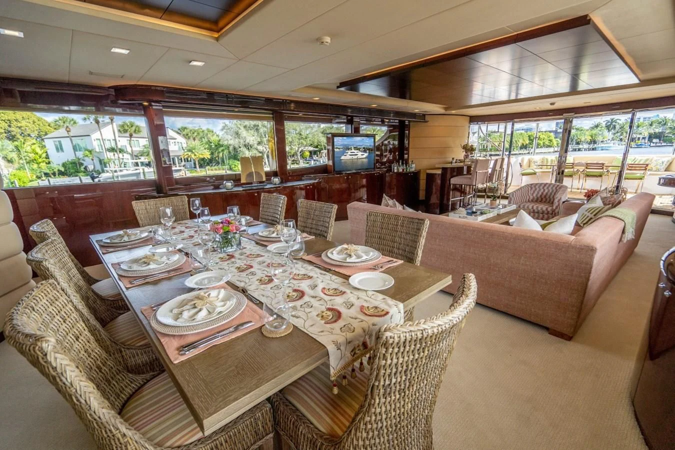 a dining room with a table set aboard TRUE NORTH Yacht for Sale