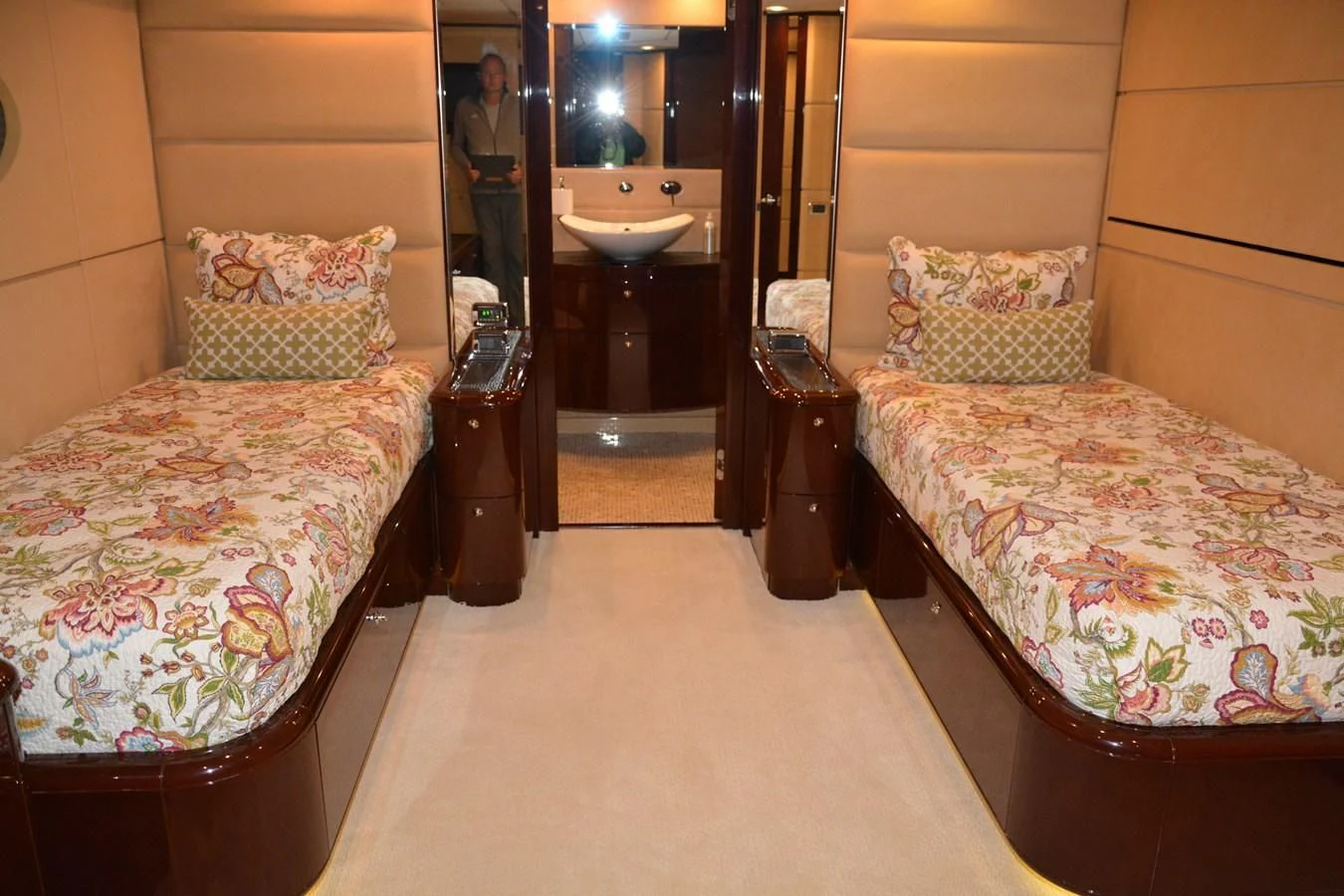 a hotel room with a couple beds aboard TRUE NORTH Yacht for Sale