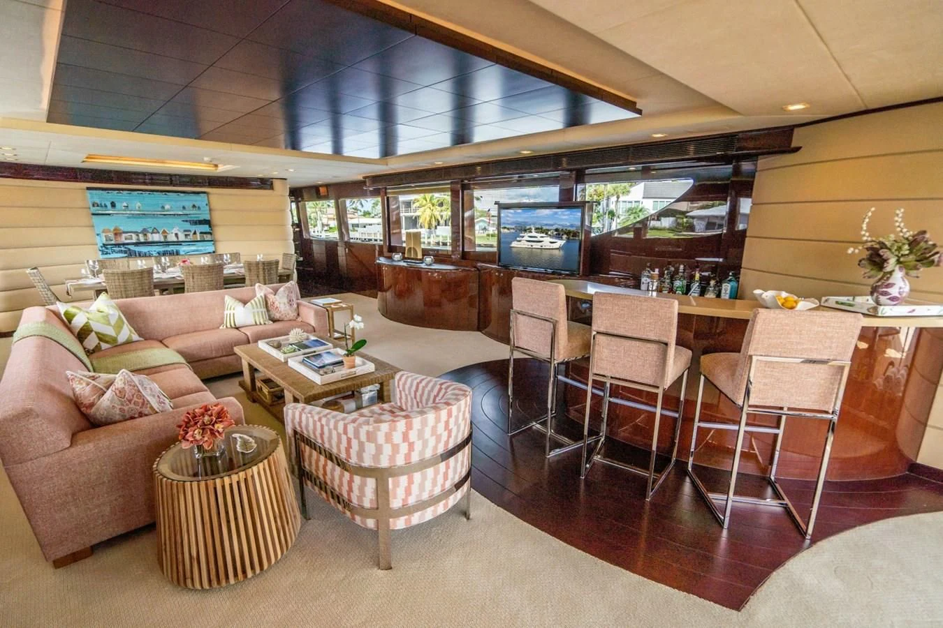 a living room with a couch and chairs aboard TRUE NORTH Yacht for Sale