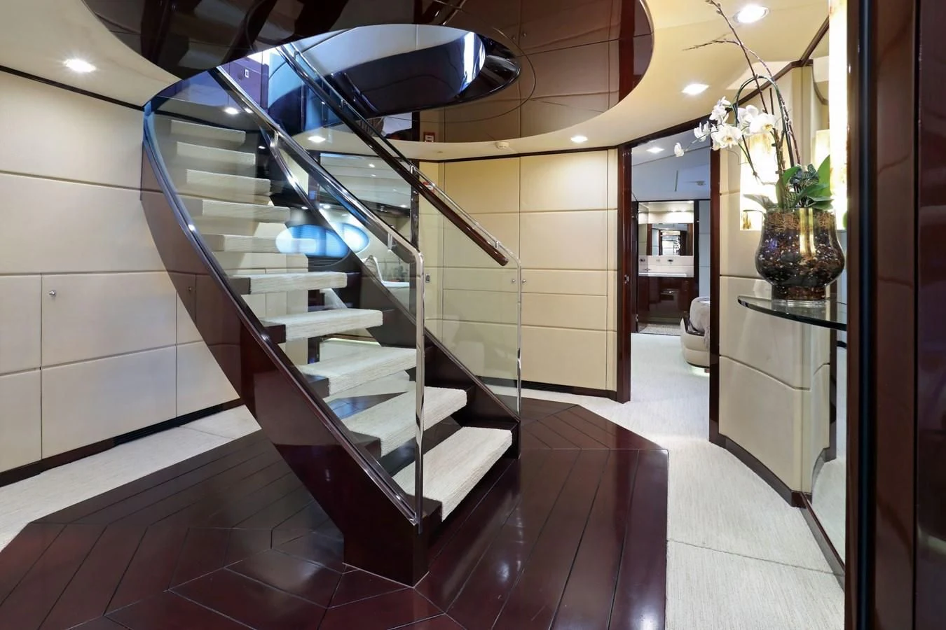 a large staircase in a building aboard TRUE NORTH Yacht for Sale