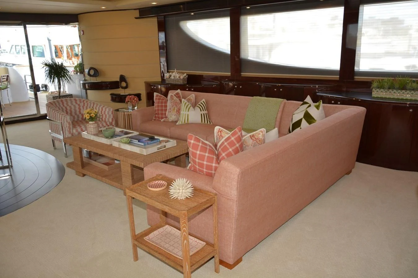 a living room with a couch and a table aboard TRUE NORTH Yacht for Sale