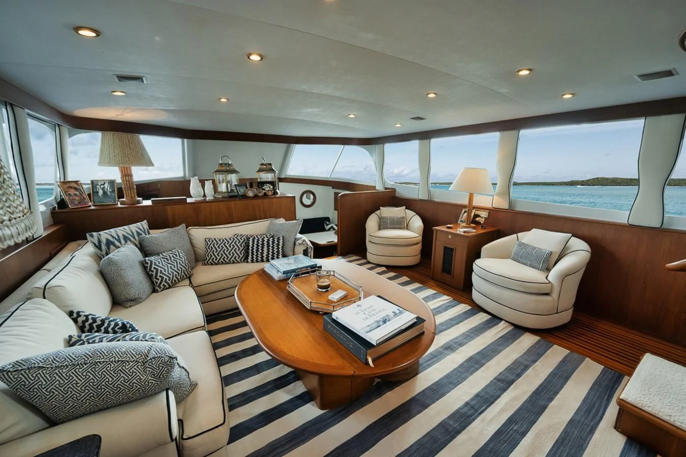 a living room with a large window aboard SHARK Yacht for Sale