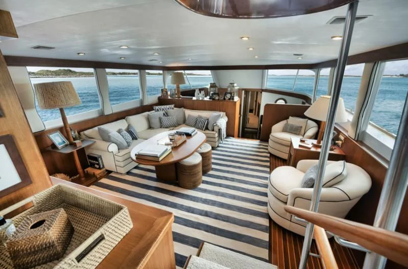 a living room with a large window aboard SHARK Yacht for Sale