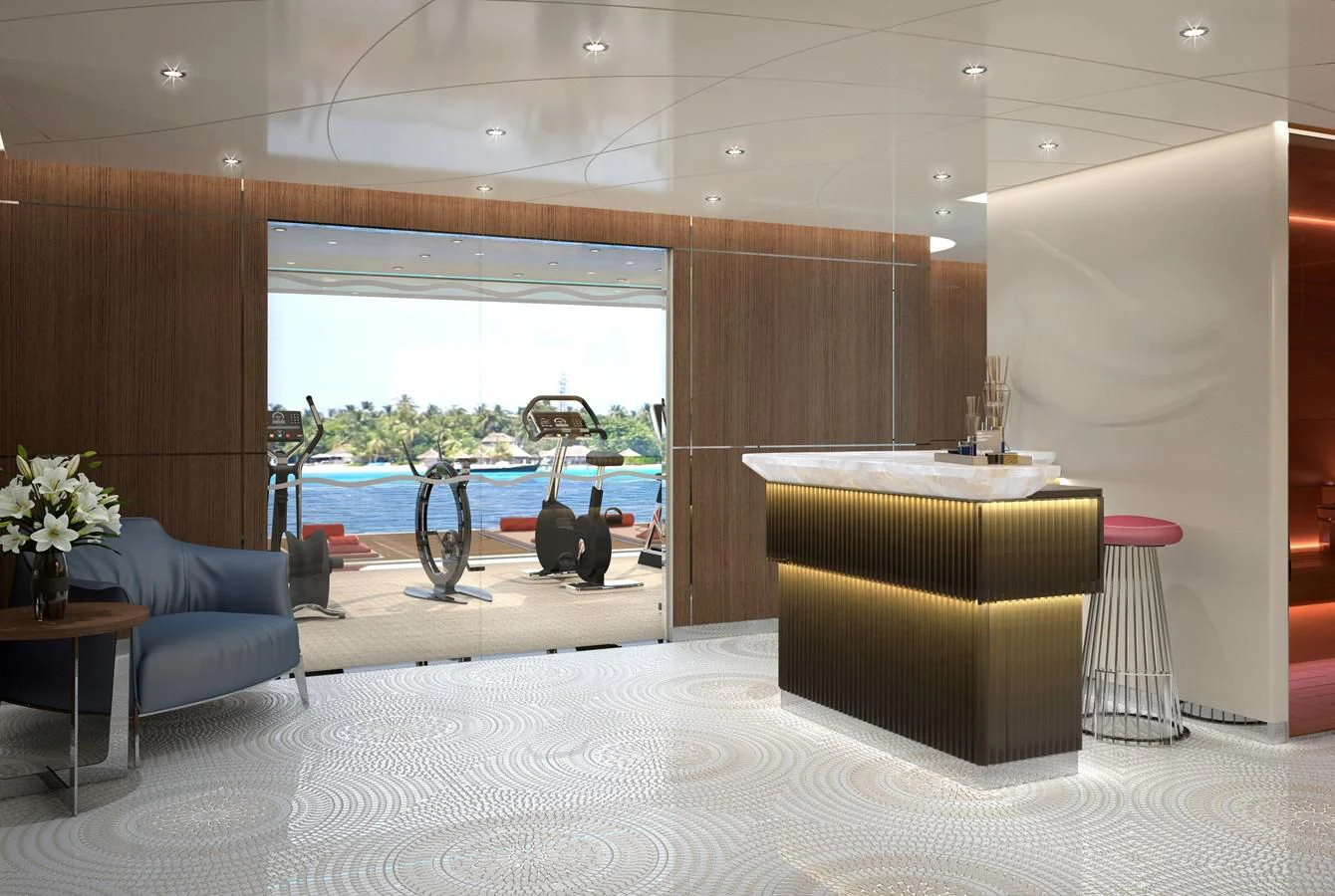 a room with a bed and a table and a chair aboard PROJECT FAITH Yacht for Sale