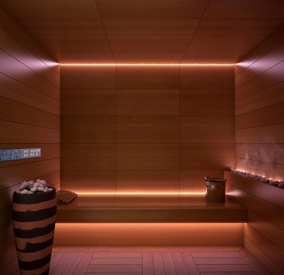 a bathroom with a tub and a towel on the rack aboard PROJECT FAITH Yacht for Sale