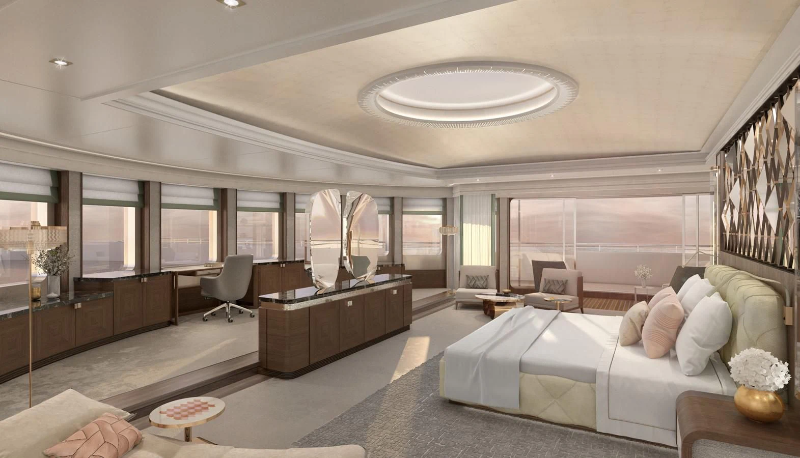 a large modern looking bedroom aboard PROJECT FAITH Yacht for Sale