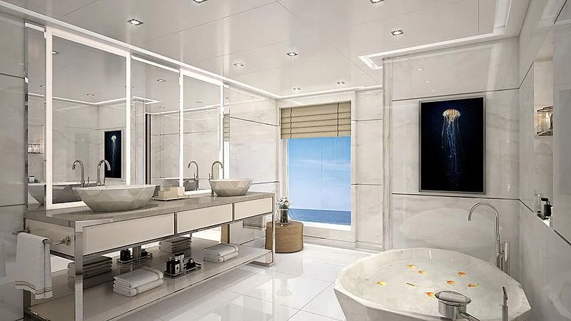 a bathroom with a large mirror aboard PROJECT FAITH Yacht for Sale