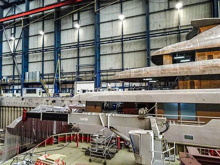 a large factory with many machines aboard PROJECT FAITH Yacht for Sale