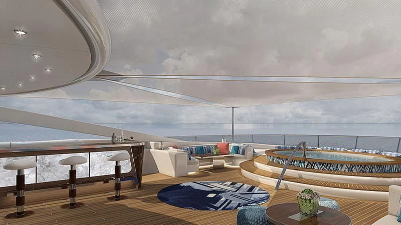 a room with a pool and a deck and a view of the water aboard PROJECT FAITH Yacht for Sale