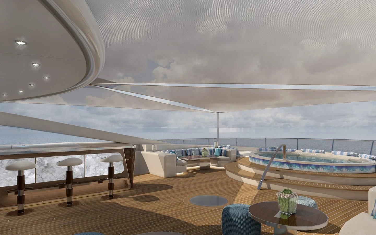 a room with a pool and a deck with a large ship in the water aboard PROJECT FAITH Yacht for Sale