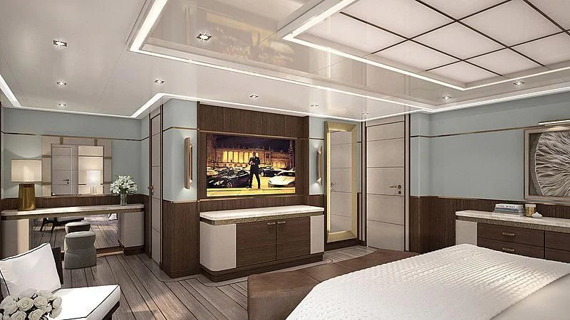 a room with a bed and a tv aboard PROJECT FAITH Yacht for Sale