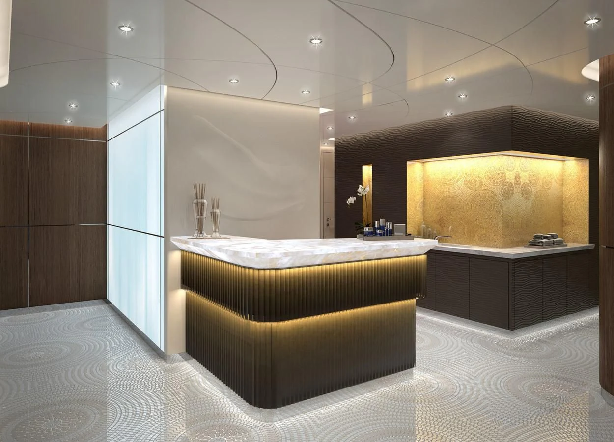 a room with a bed and a table aboard PROJECT FAITH Yacht for Sale