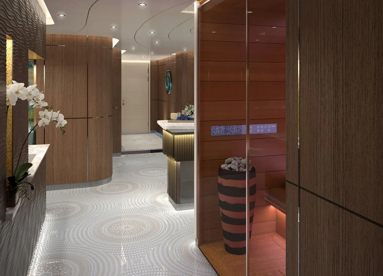 a bathroom with a large mirror aboard PROJECT FAITH Yacht for Sale