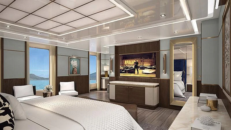 a room with a bed and a tv on the wall aboard PROJECT FAITH Yacht for Sale