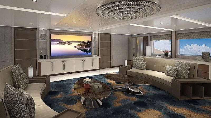 a living room with a large screen aboard PROJECT FAITH Yacht for Sale