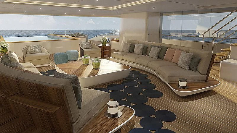 a living room with a large window aboard PROJECT FAITH Yacht for Sale