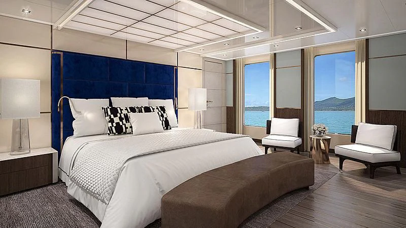 a large bed in a room aboard PROJECT FAITH Yacht for Sale