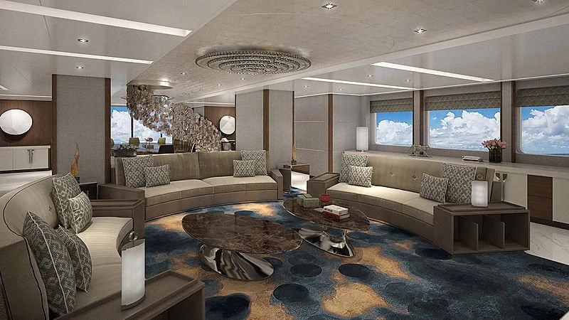 a living room with a rug and couches aboard PROJECT FAITH Yacht for Sale