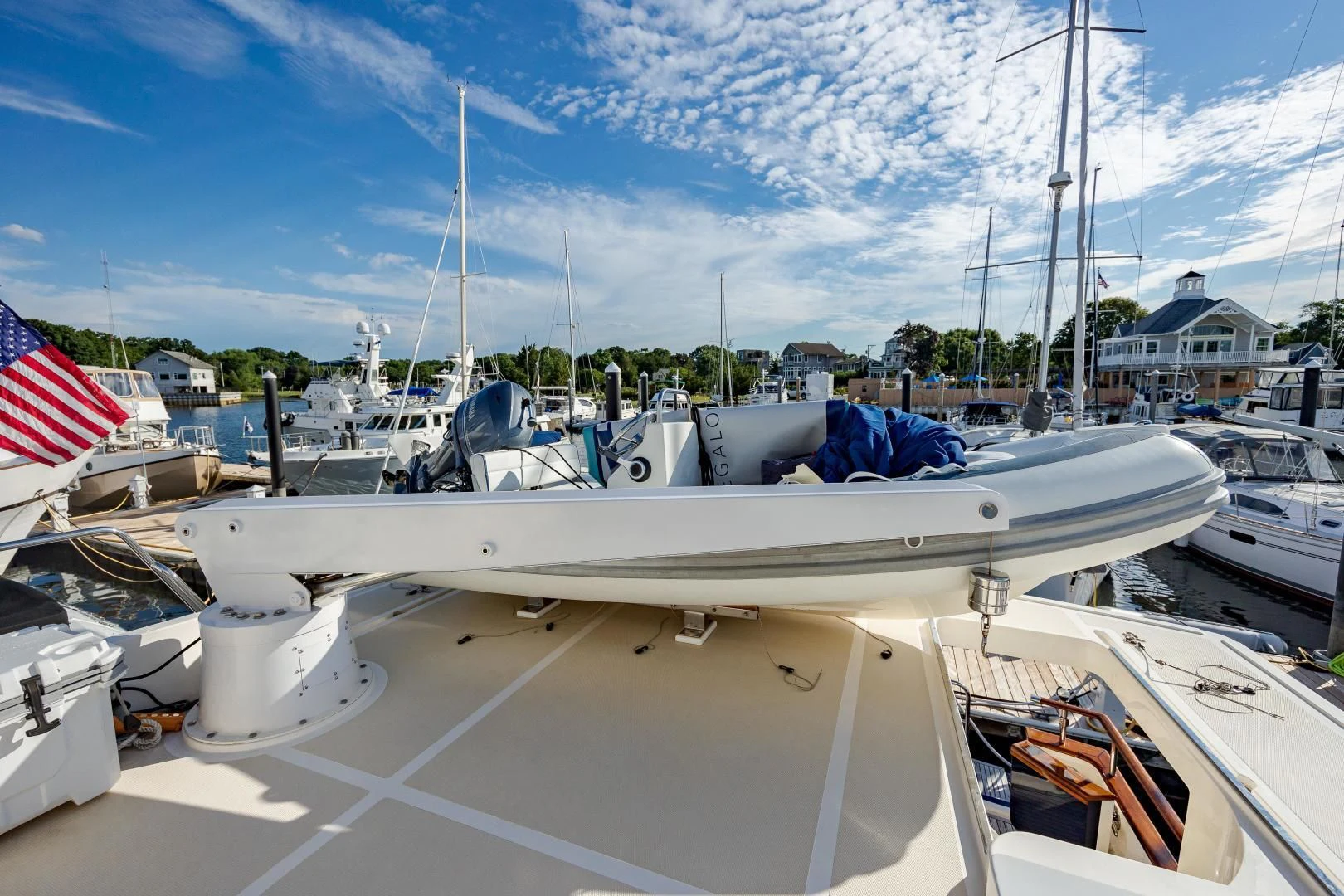 a boat docked at a pier aboard DISCONNECTED Yacht for Sale