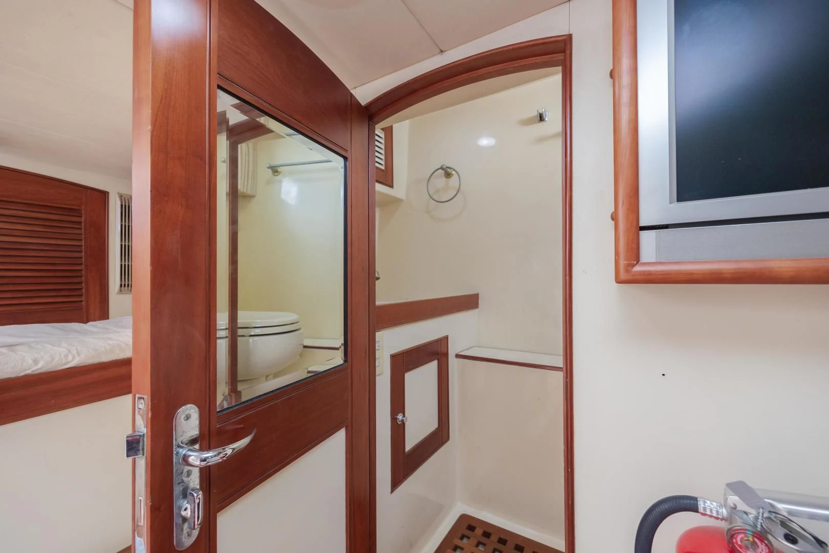 a bathroom with a mirror aboard DISCONNECTED Yacht for Sale