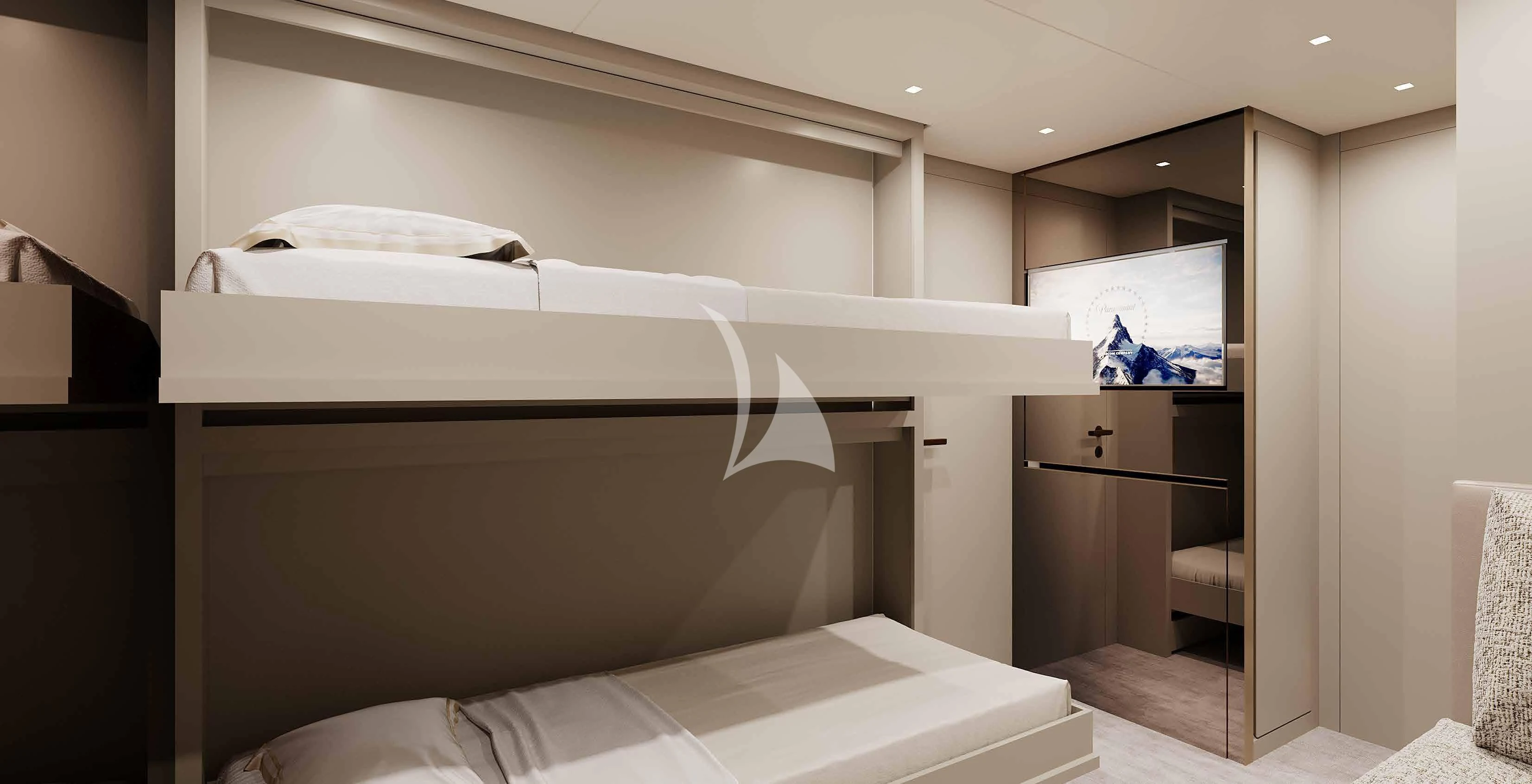 a room with a bed and a desk aboard MARY Yacht for Sale