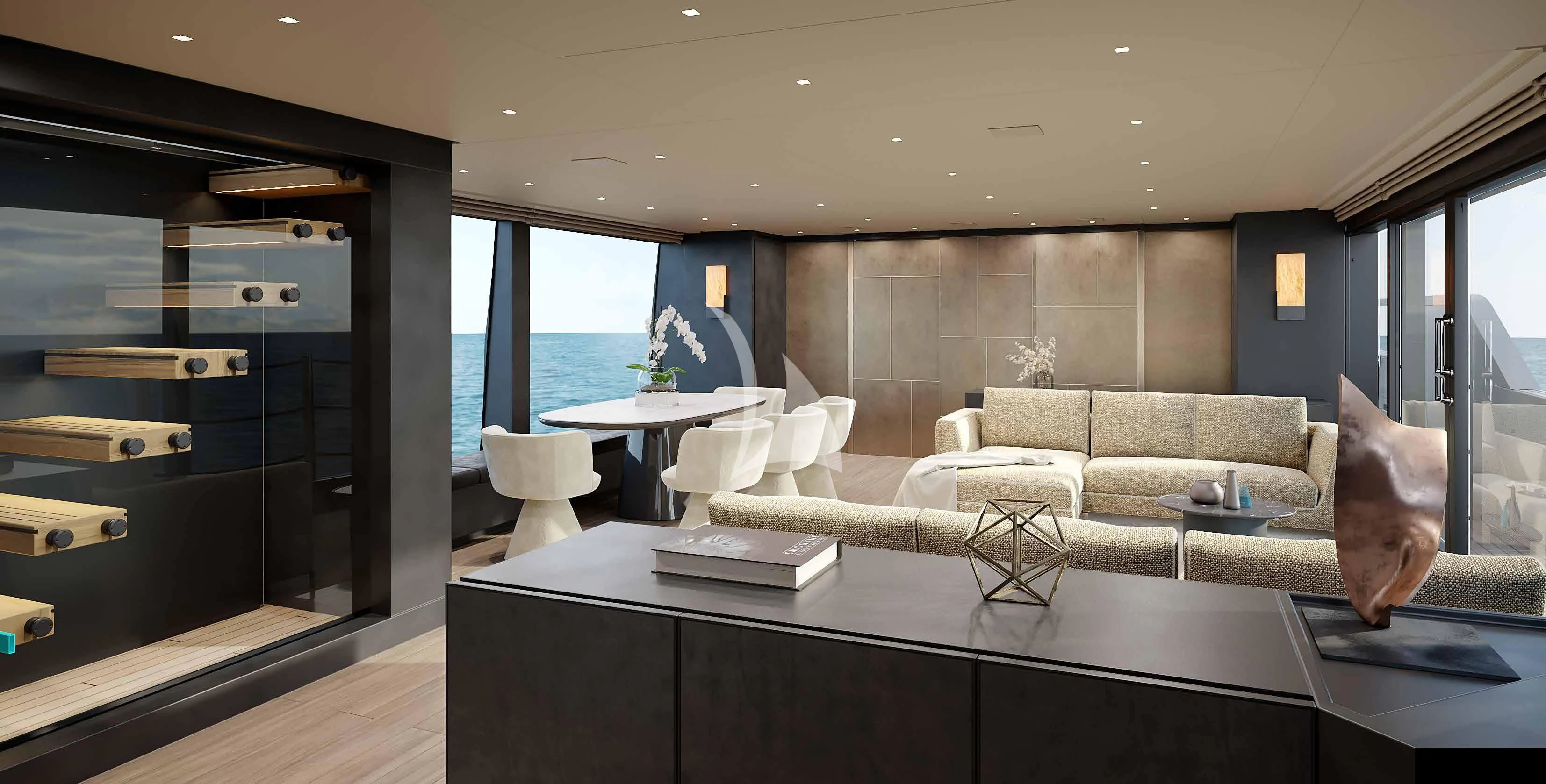a living room with a large glass window aboard MARY Yacht for Sale