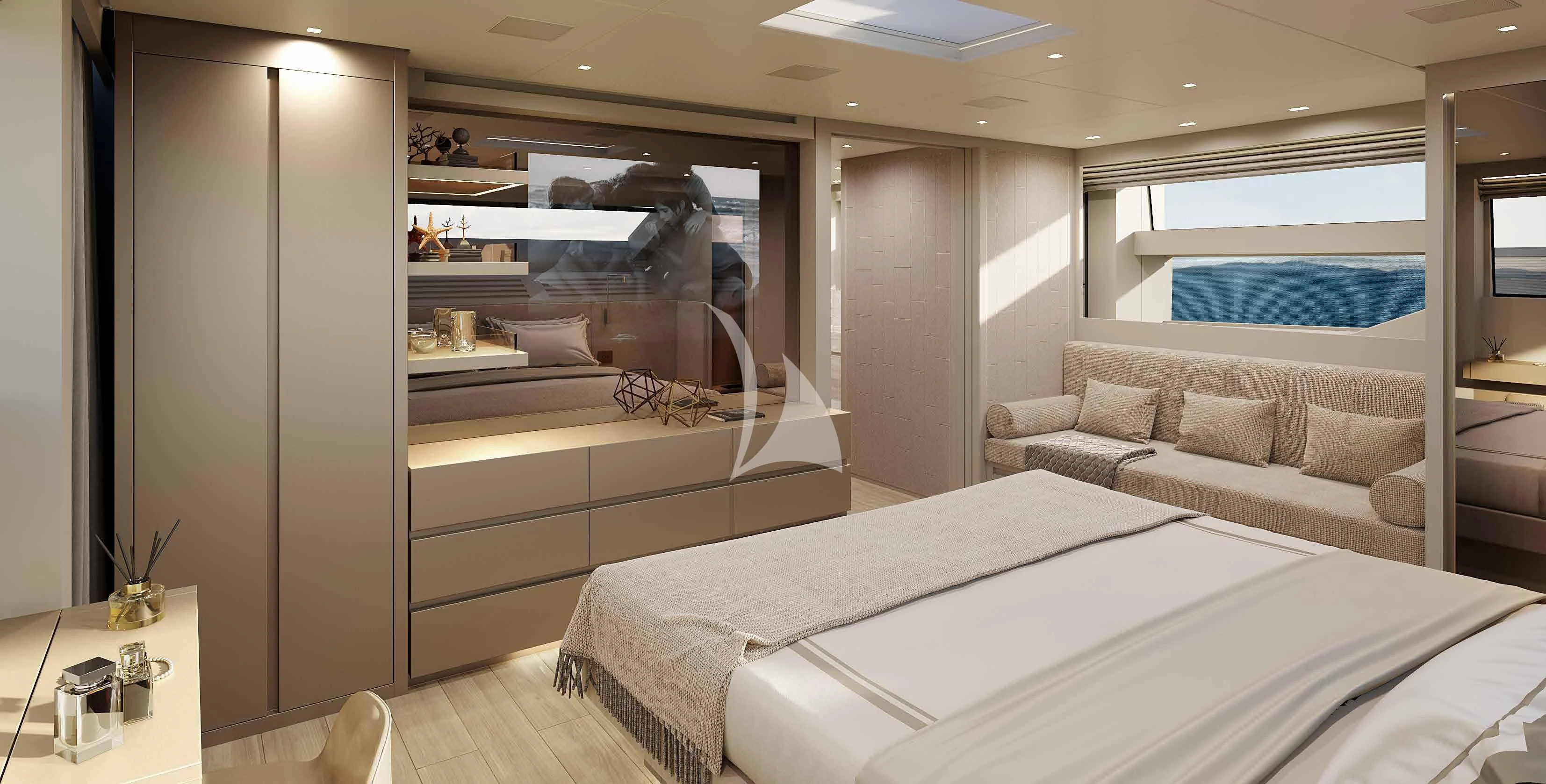 a room with a bed and a couch aboard MARY Yacht for Sale