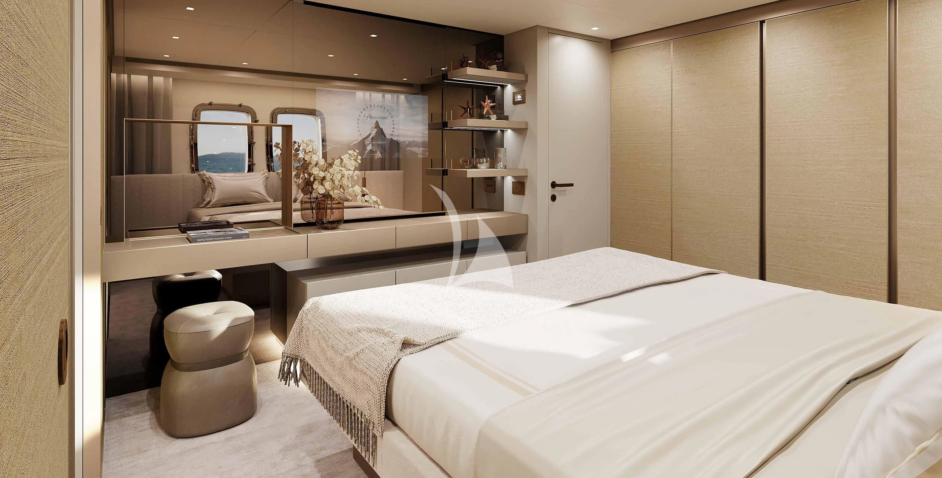 a room with a bed and a desk aboard MARY Yacht for Sale