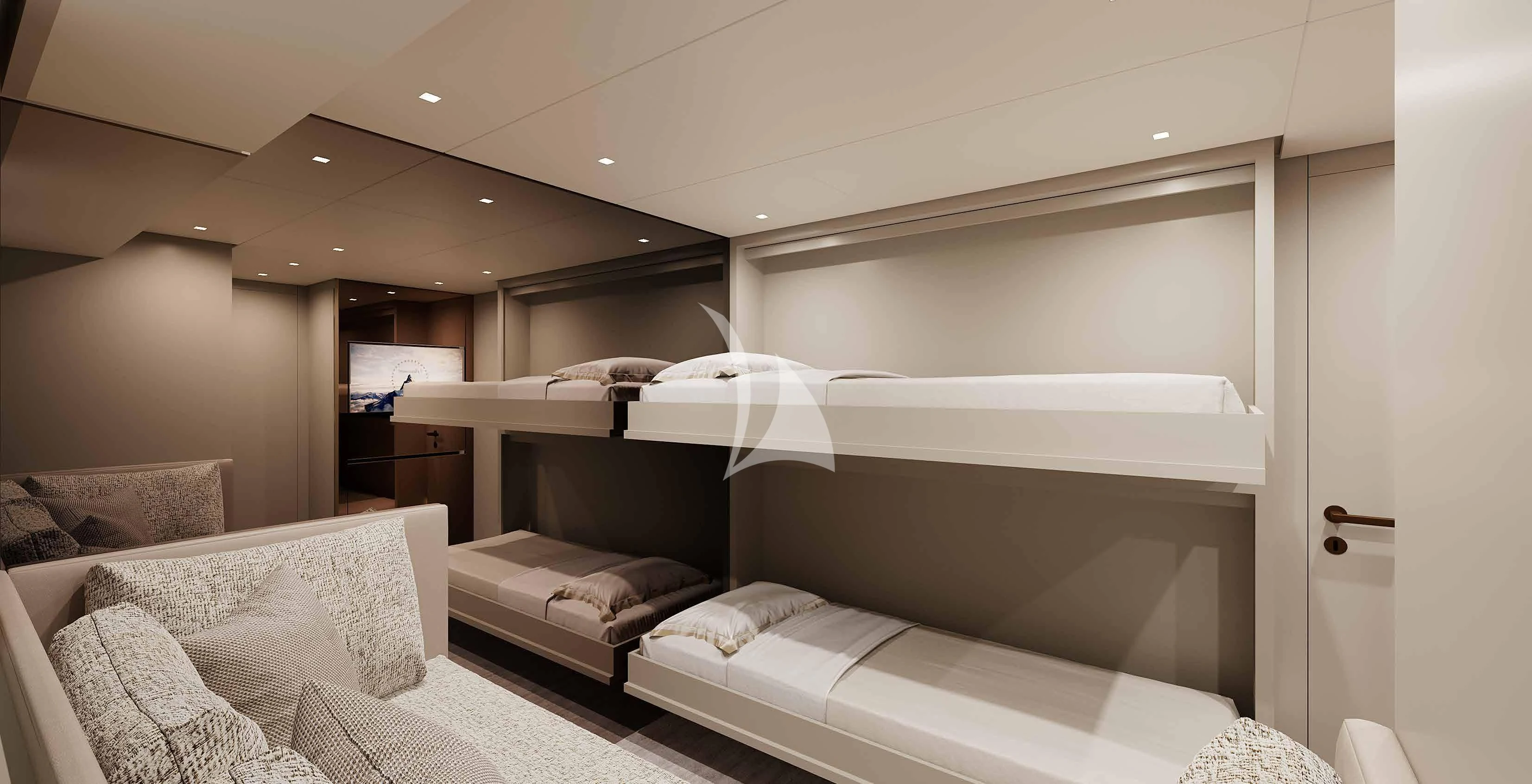 a room with a couple of beds aboard MARY Yacht for Sale
