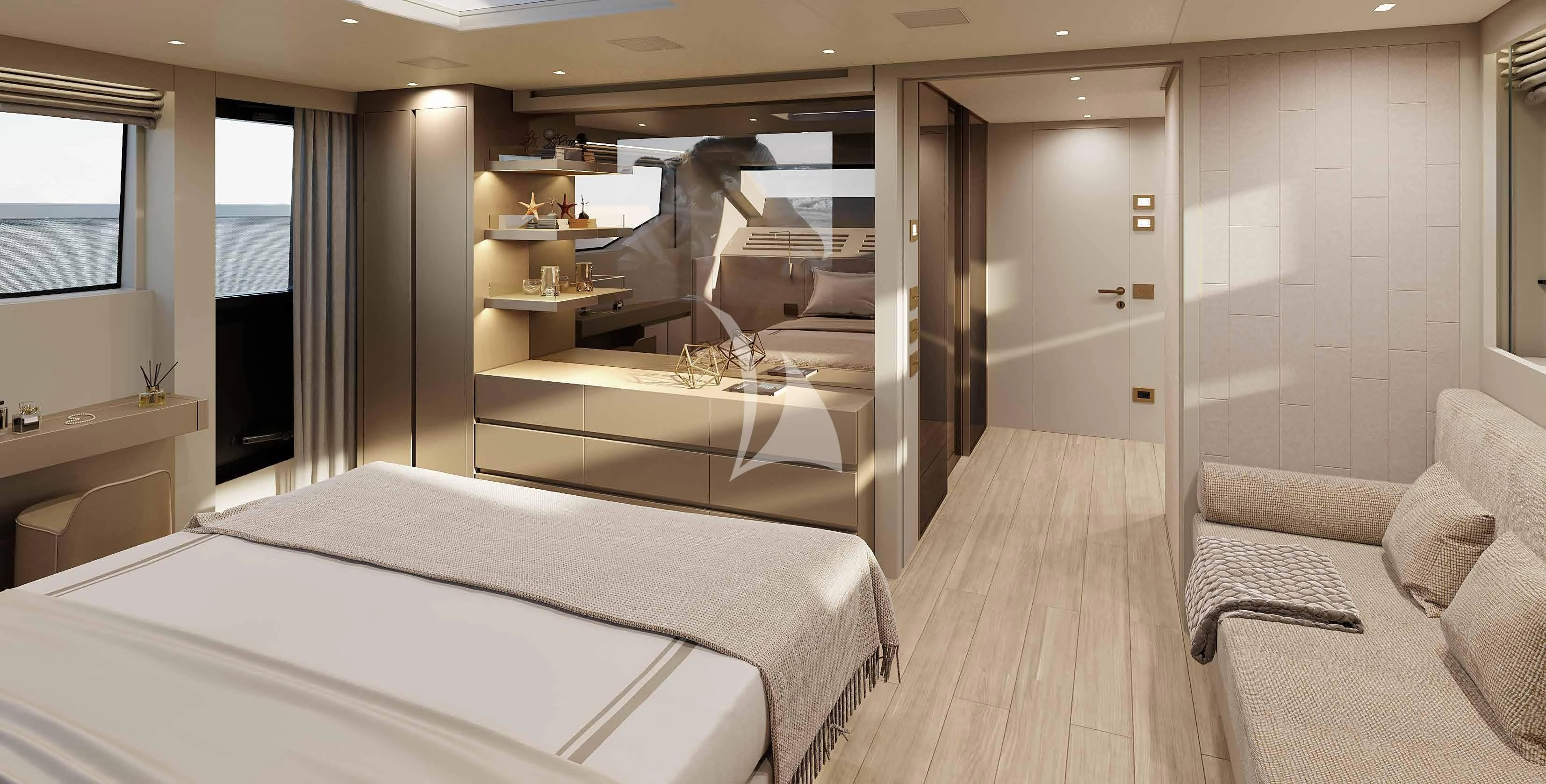 a room with a bed and a desk aboard MARY Yacht for Sale