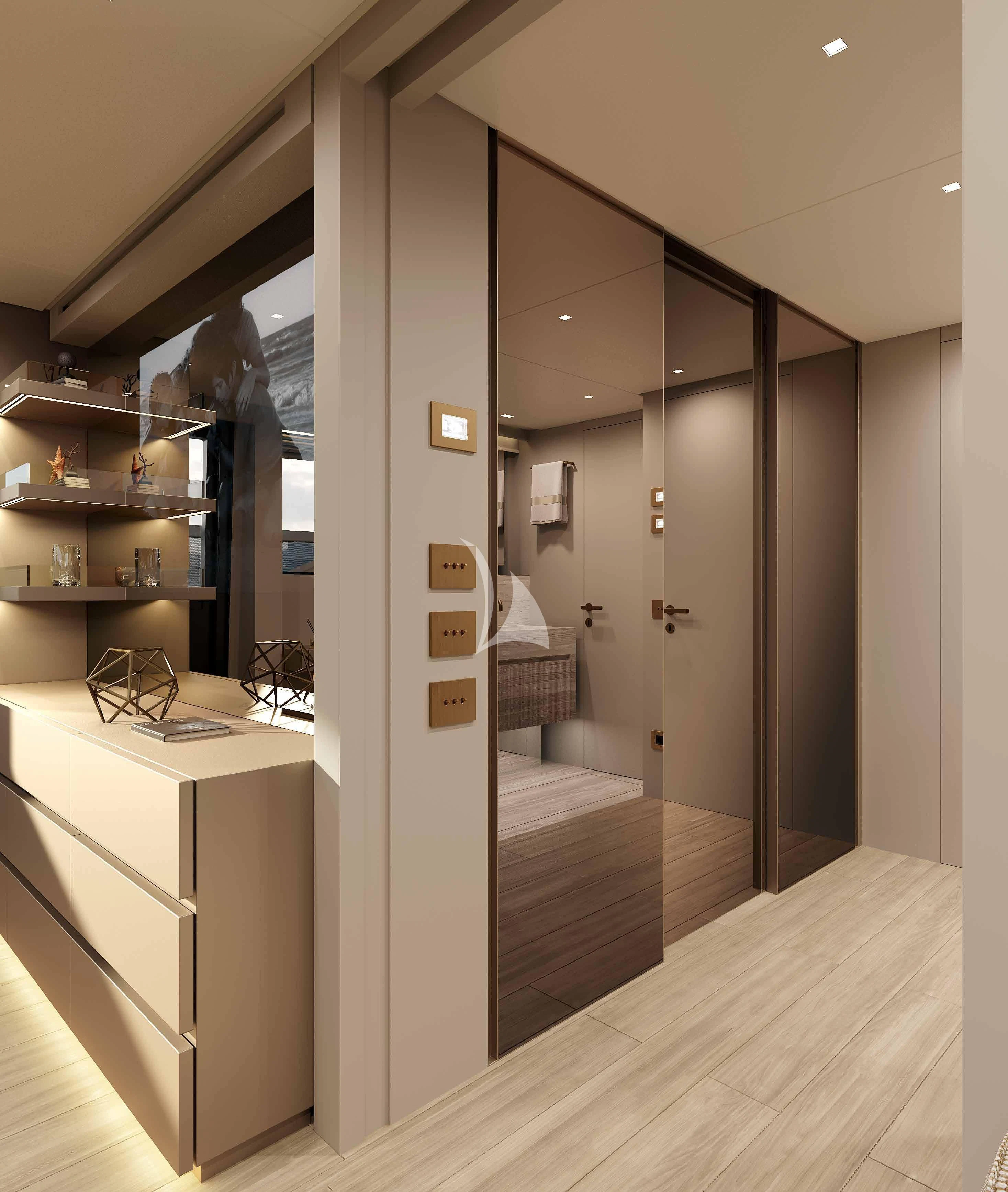 a room with a large glass display case and a white counter aboard MARY Yacht for Sale