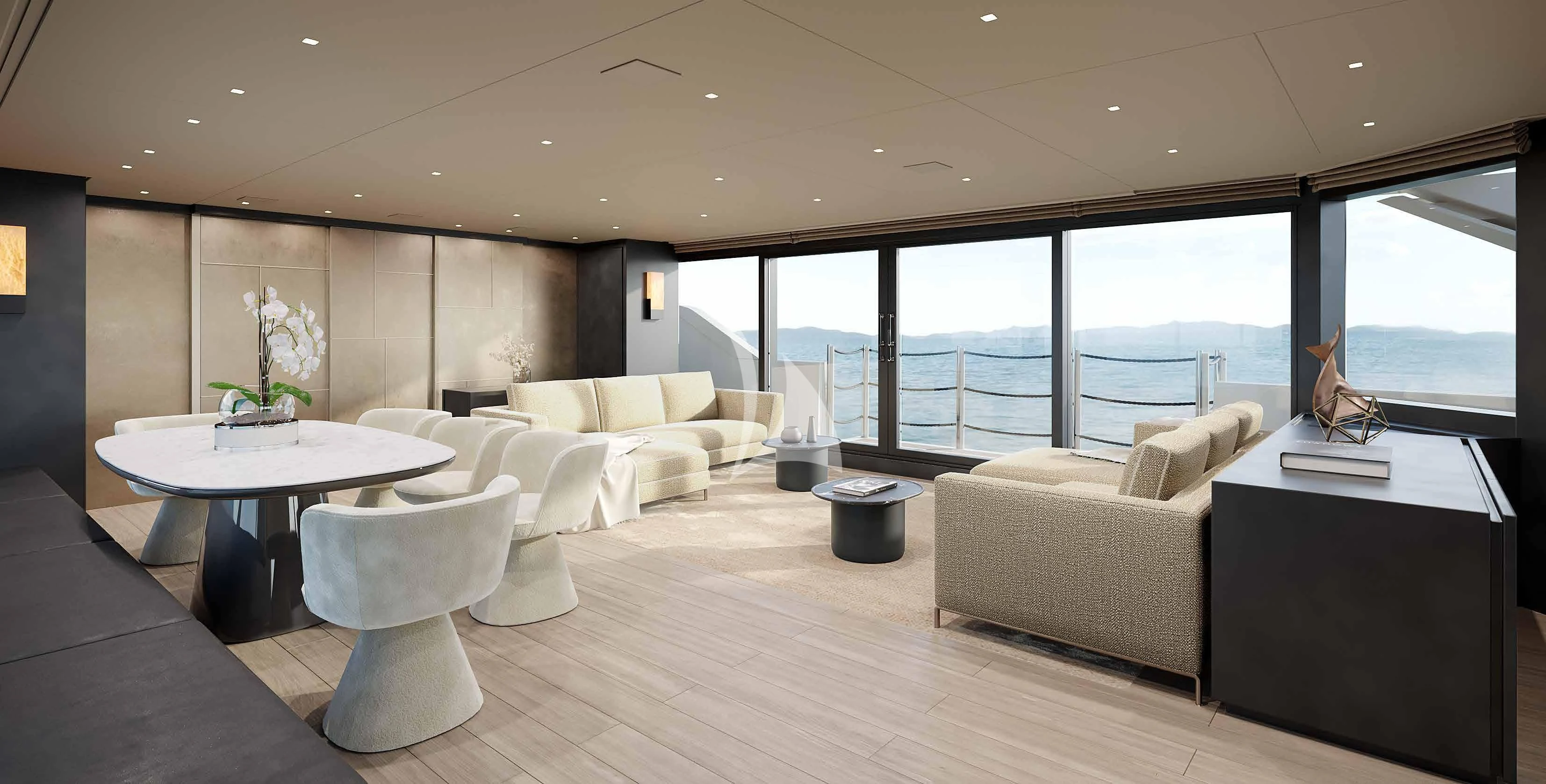 a living room with a large window aboard MARY Yacht for Sale