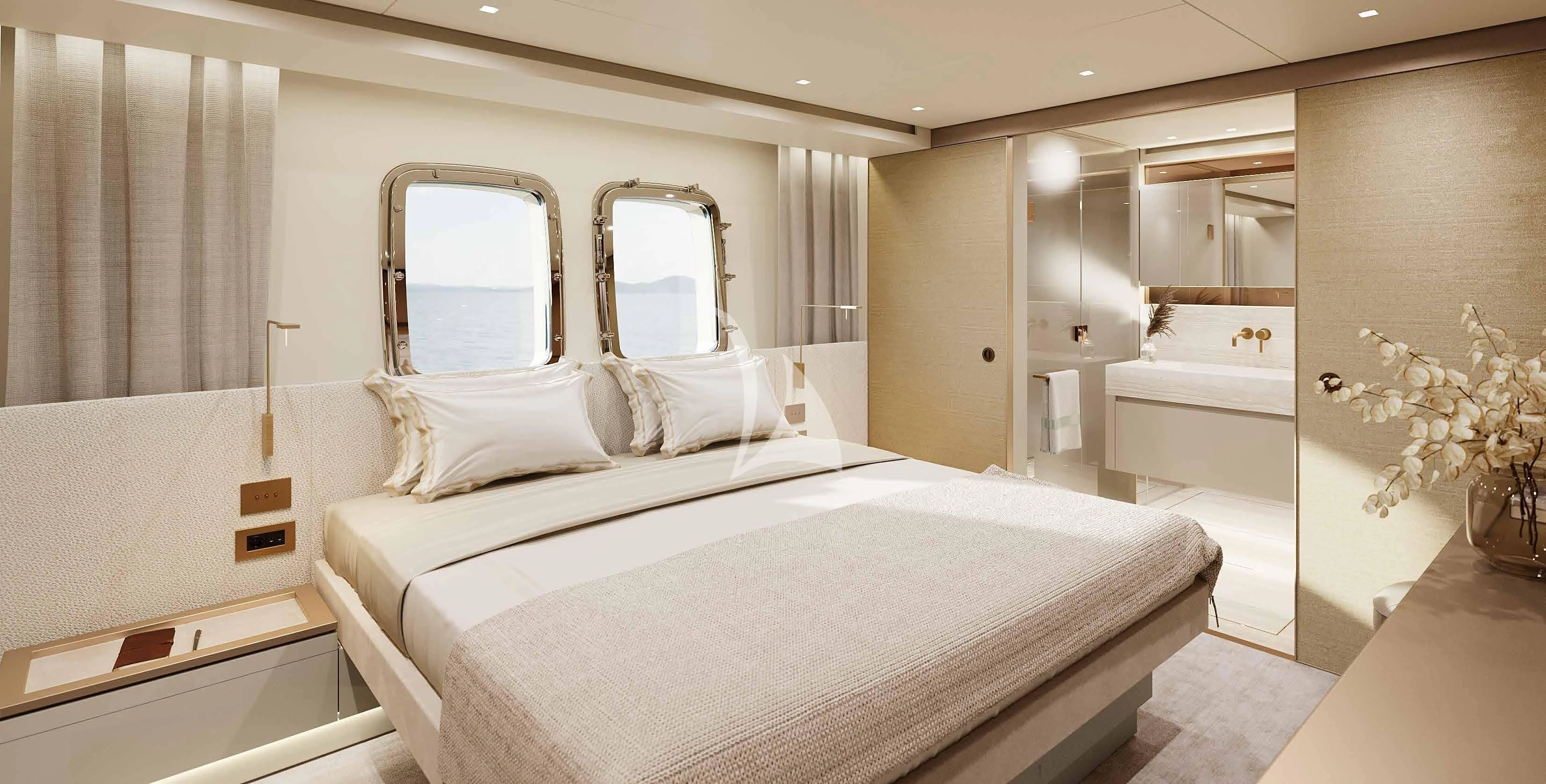 a large white bed in a room aboard MARY Yacht for Sale