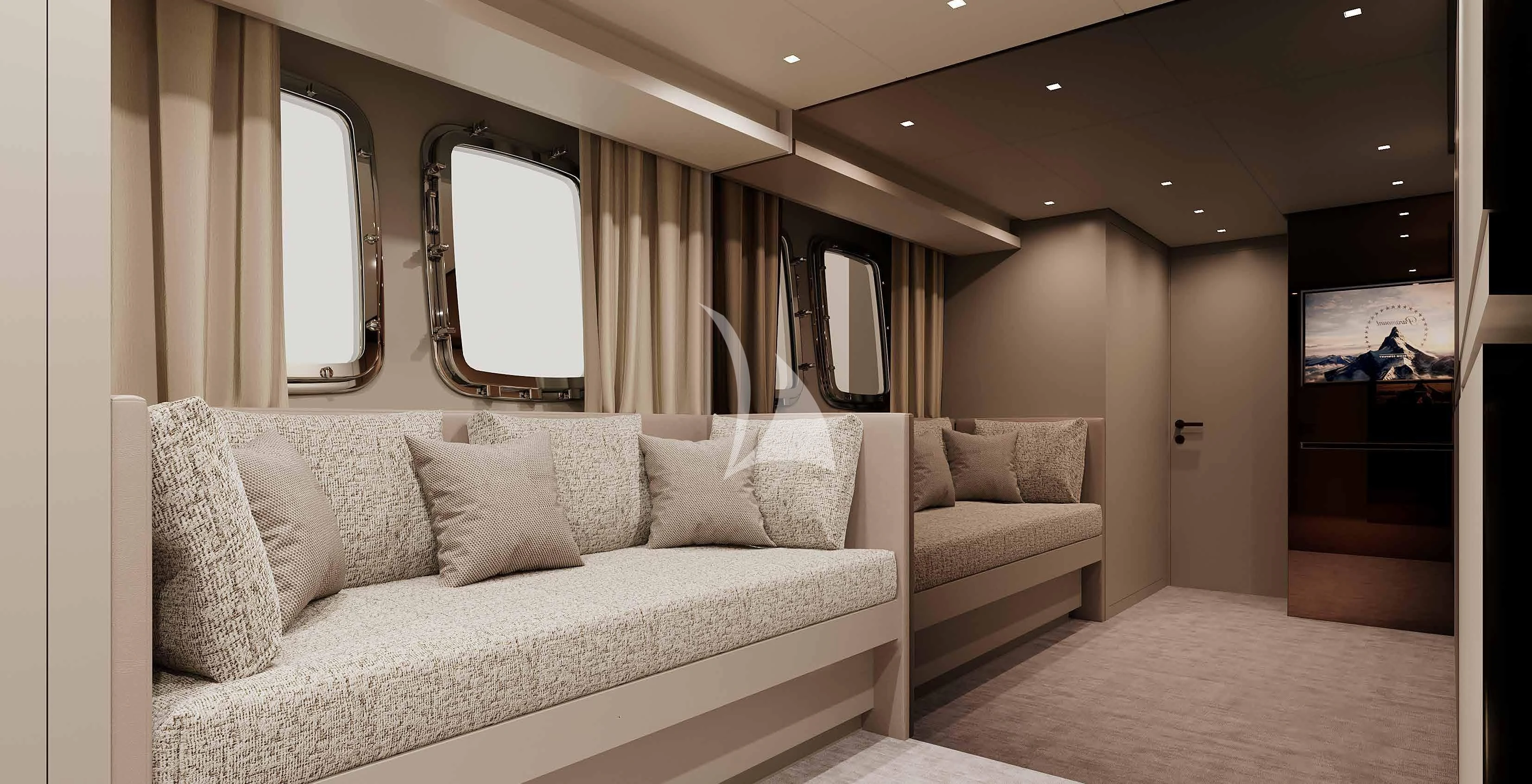 a couch in a room aboard MARY Yacht for Sale