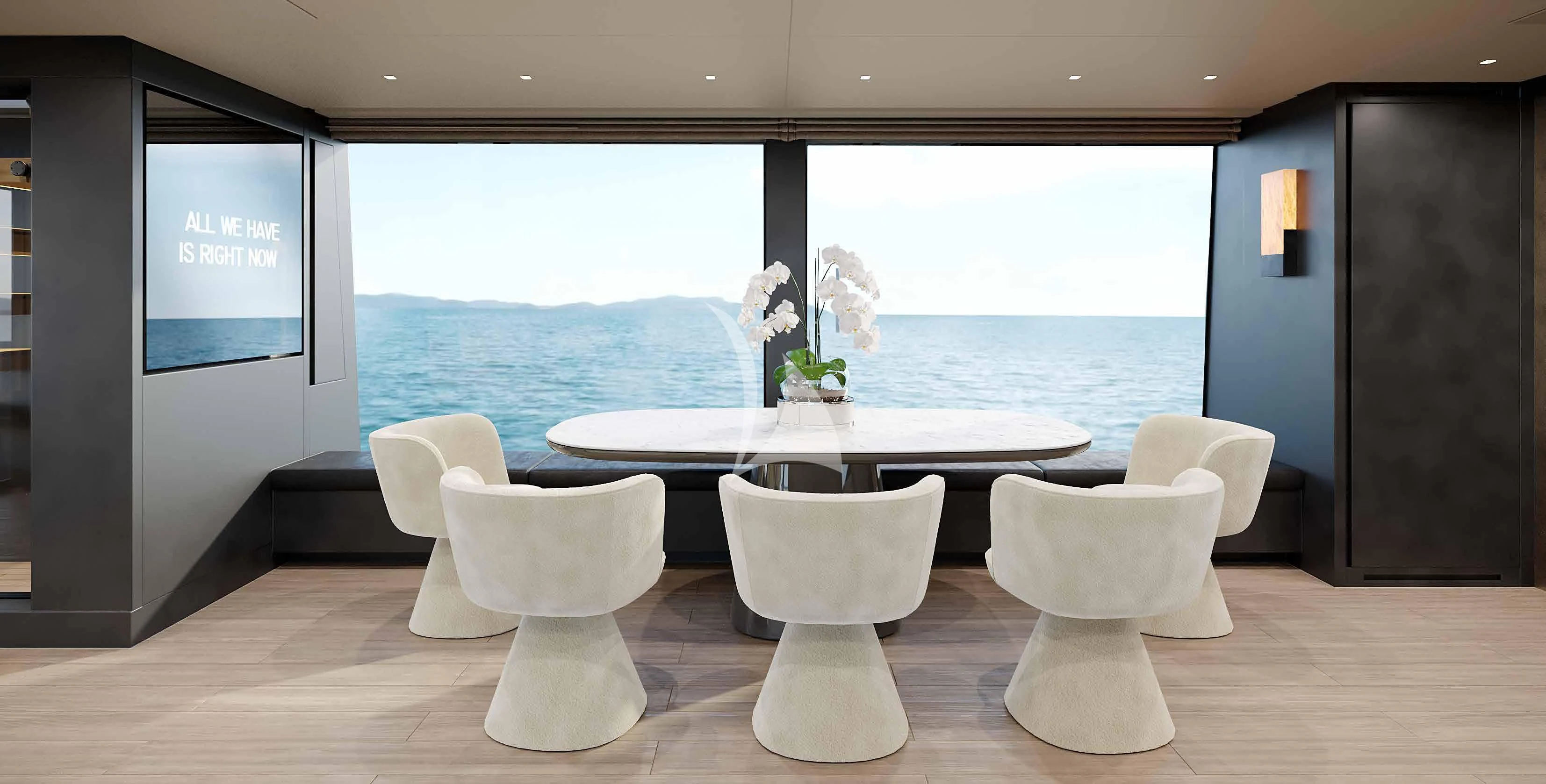 a room with a table and chairs aboard MARY Yacht for Sale