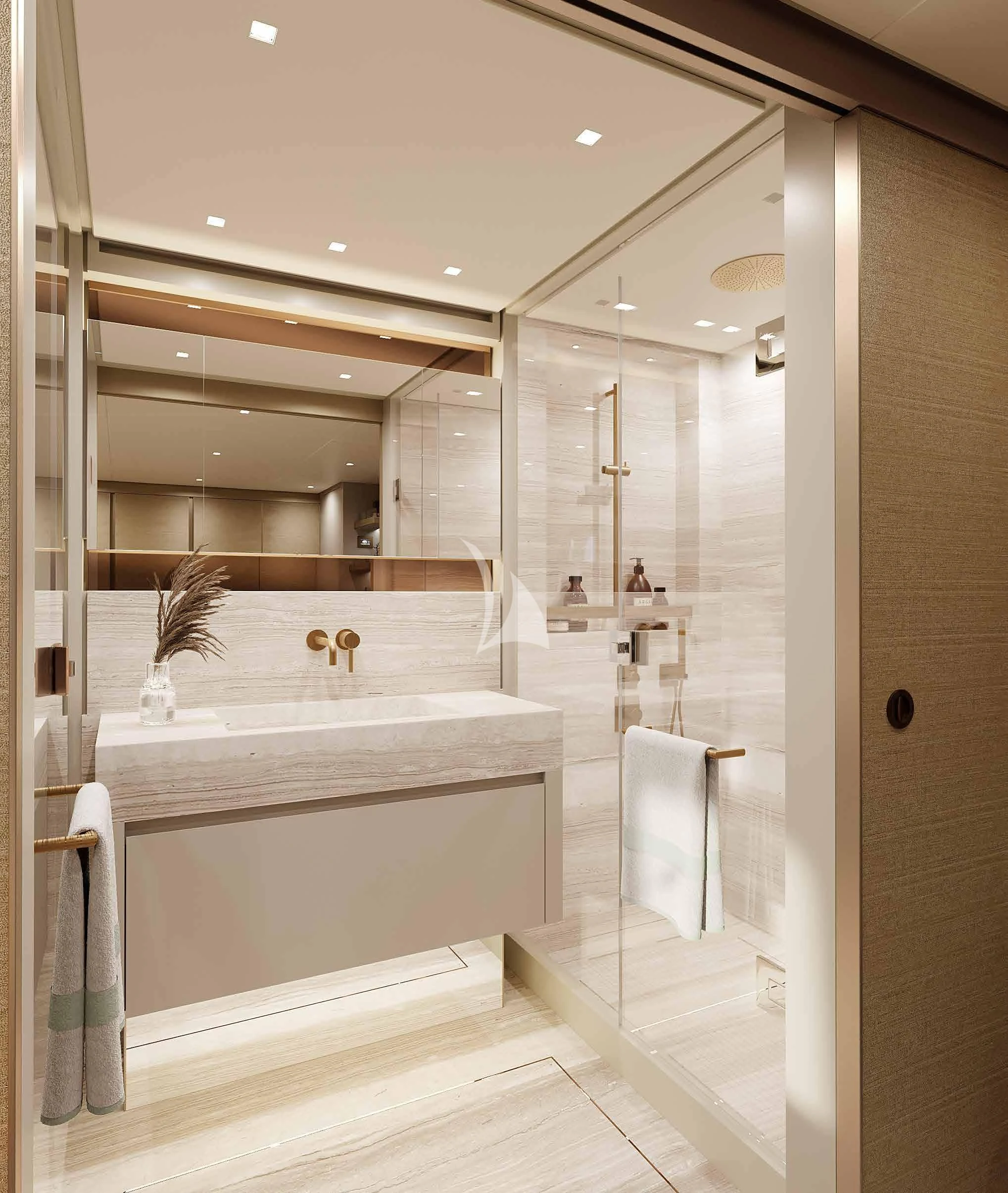 a bathroom with a large mirror aboard MARY Yacht for Sale