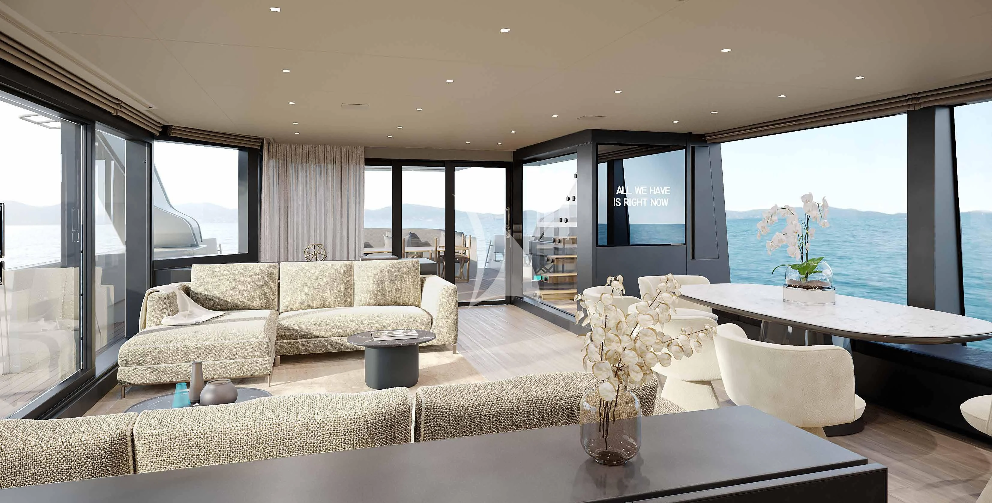 a living room with a large window aboard MARY Yacht for Sale