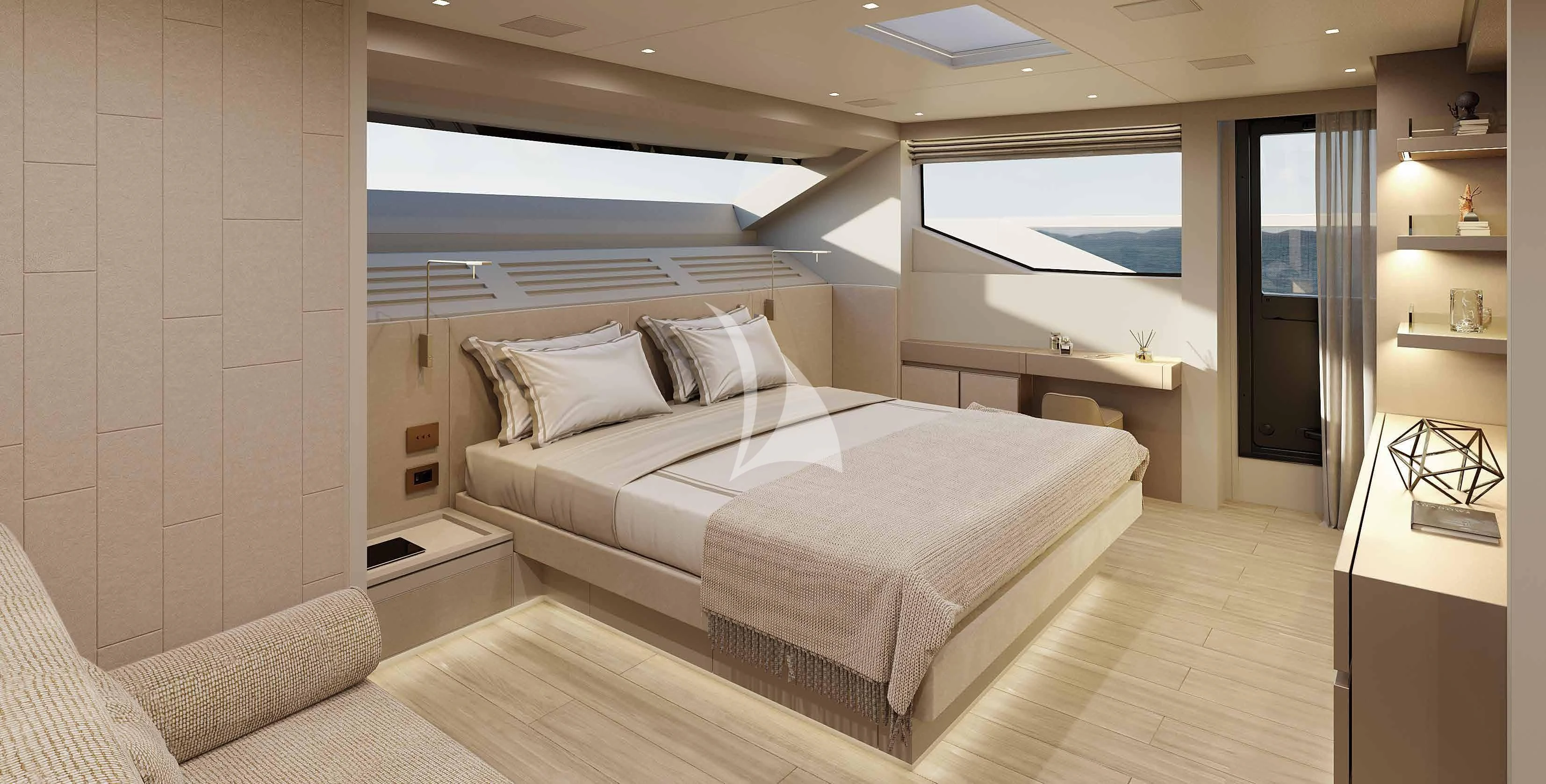 a bed in a room aboard MARY Yacht for Sale