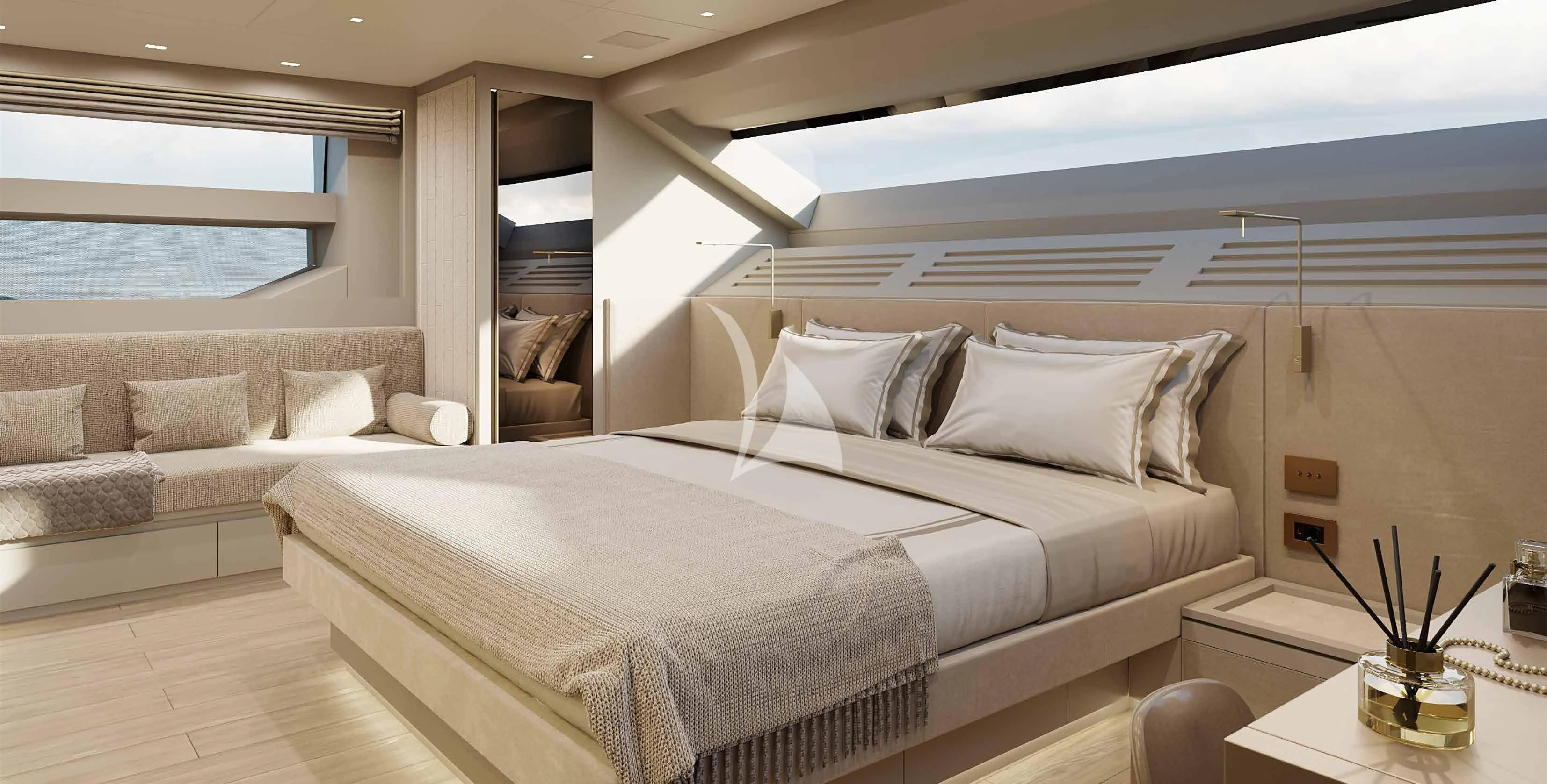a large bed in a room aboard MARY Yacht for Sale