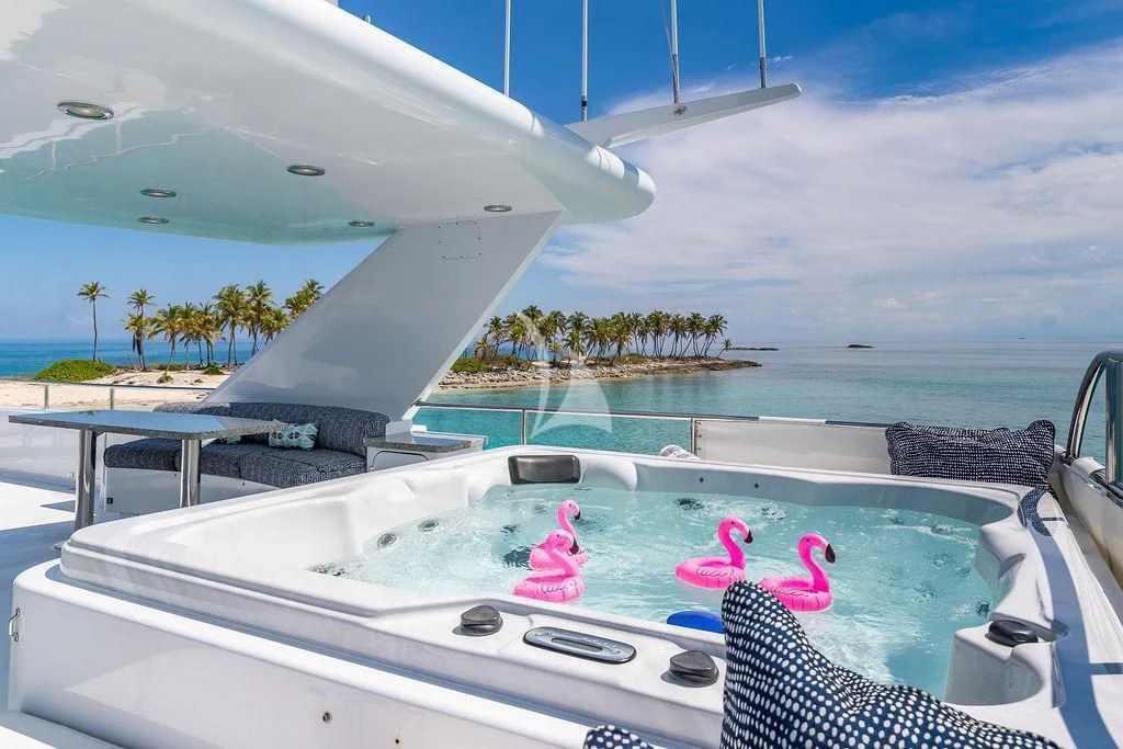 a boat with a butterfly on it aboard AT LAST Yacht for Charter