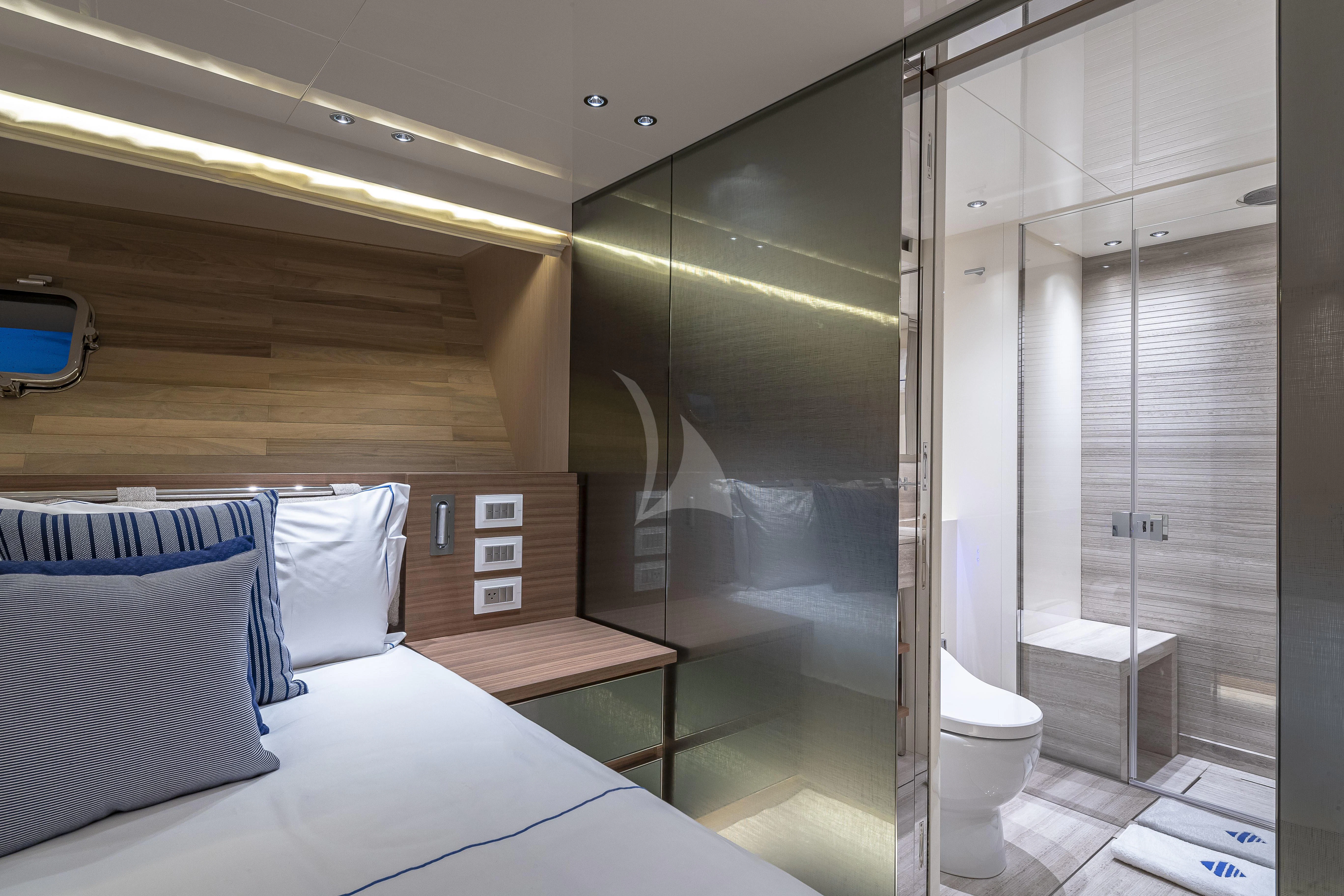 a bed in a room aboard NO MATTER WHAT Yacht for Charter