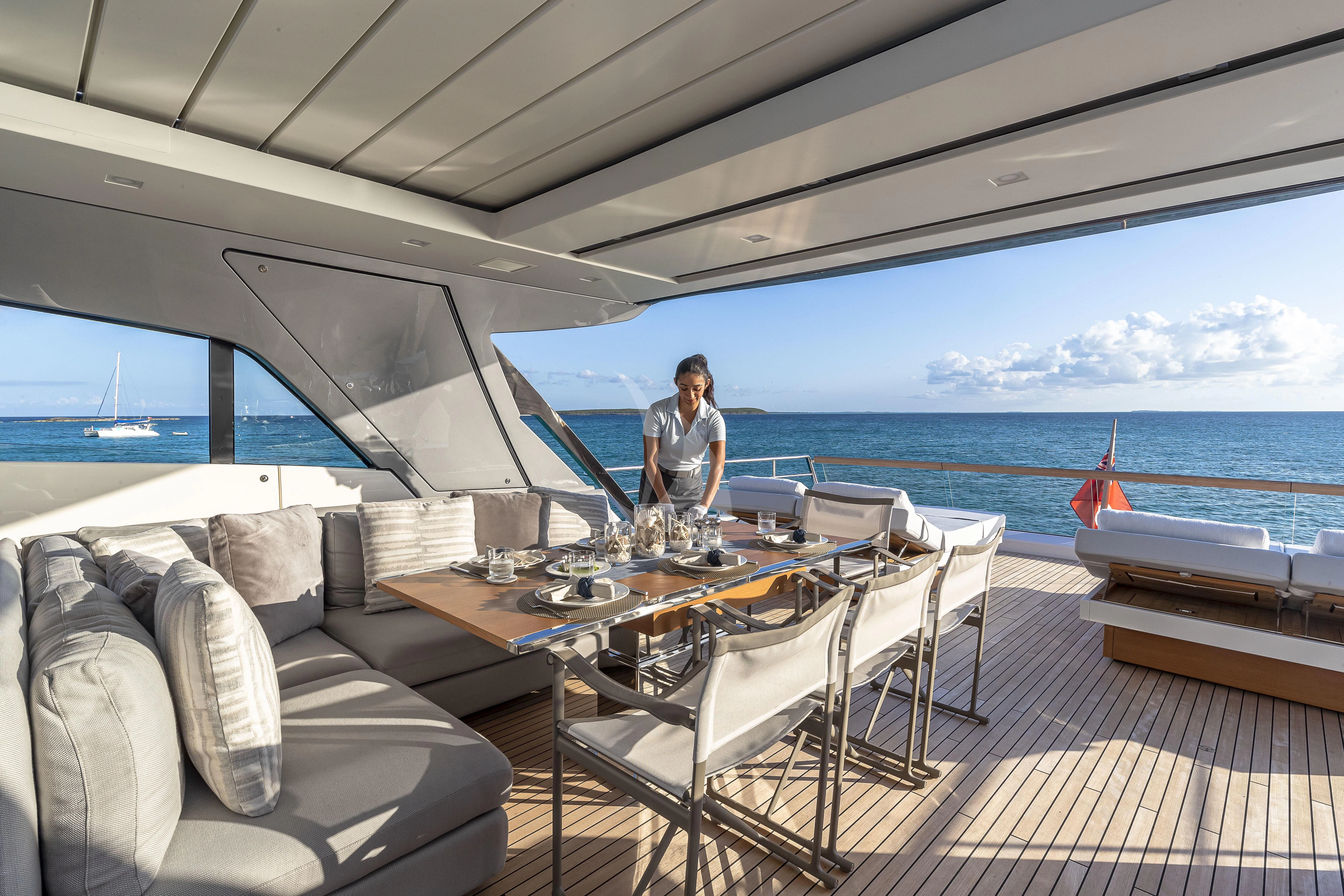 a person standing on a deck of a boat aboard NO MATTER WHAT Yacht for Charter