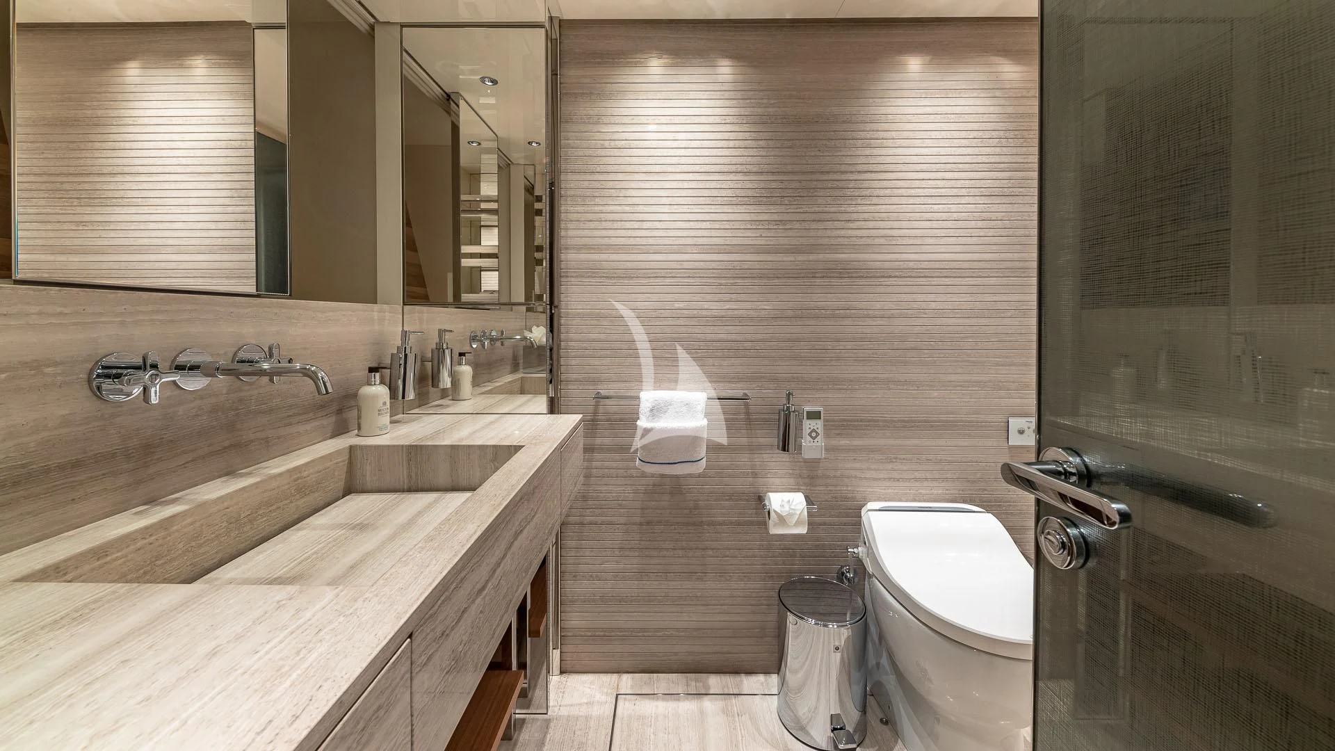 a bathroom with a sink toilet and a bathtub aboard NO MATTER WHAT Yacht for Charter