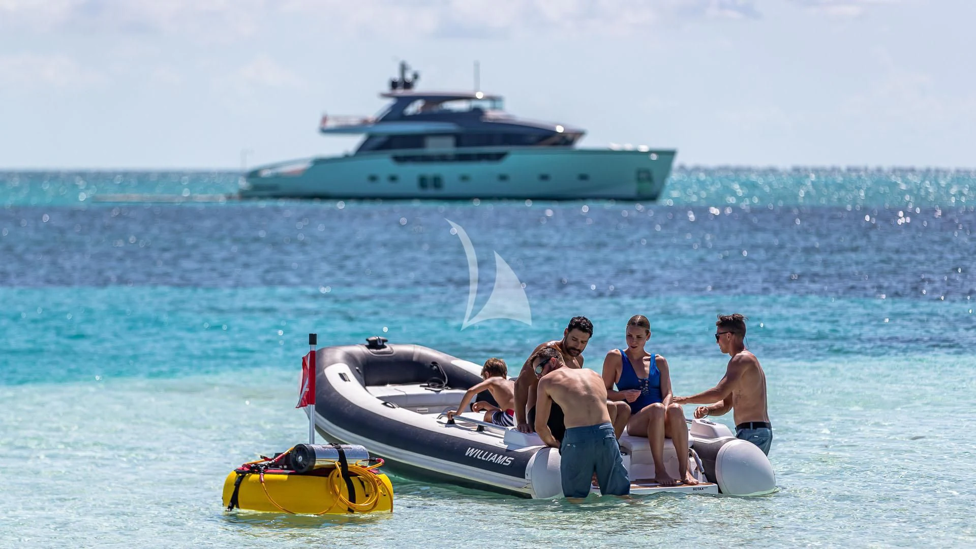 a group of people in a boat in the water aboard NO MATTER WHAT Yacht for Charter