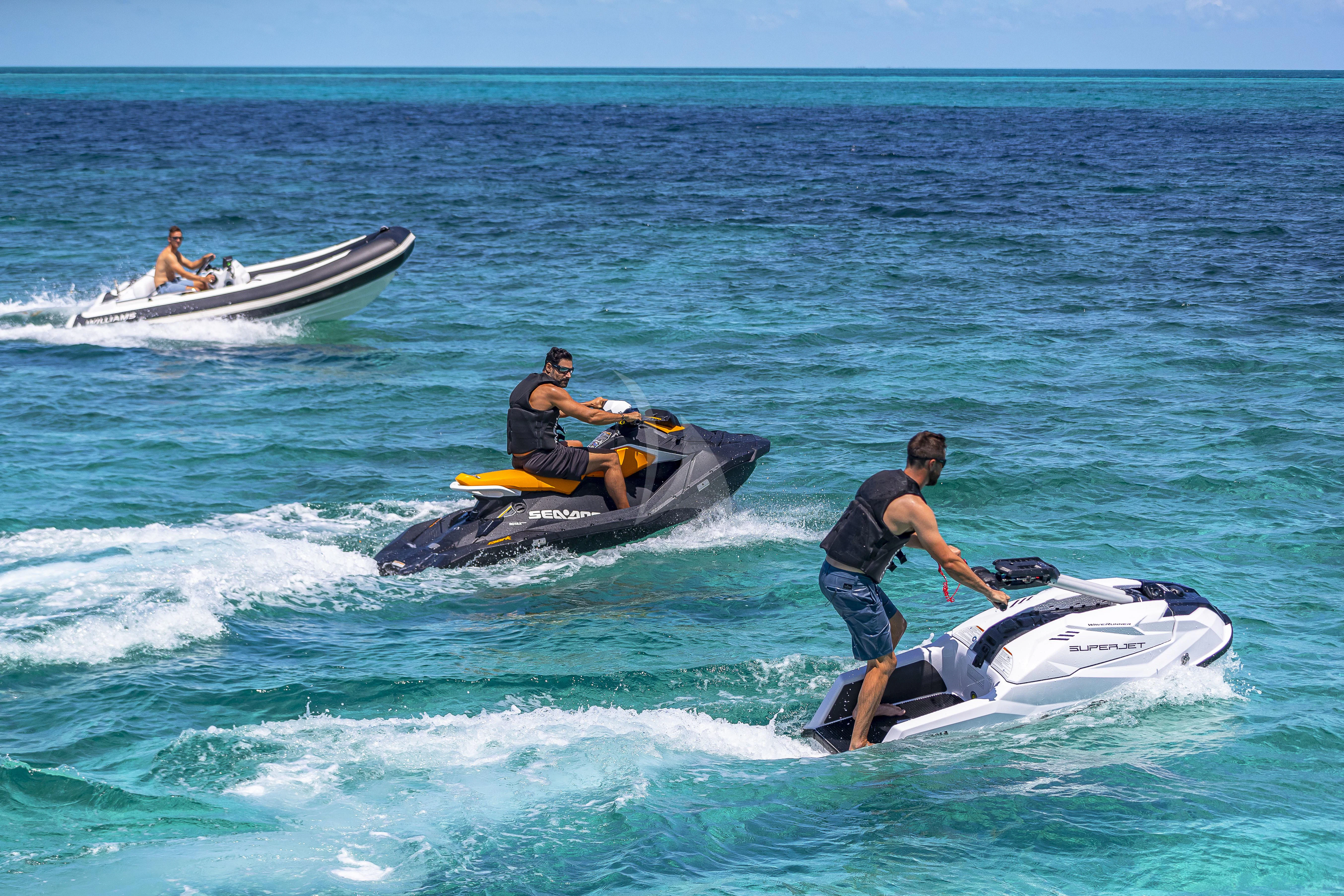a group of people on a raft in the ocean aboard NO MATTER WHAT Yacht for Charter