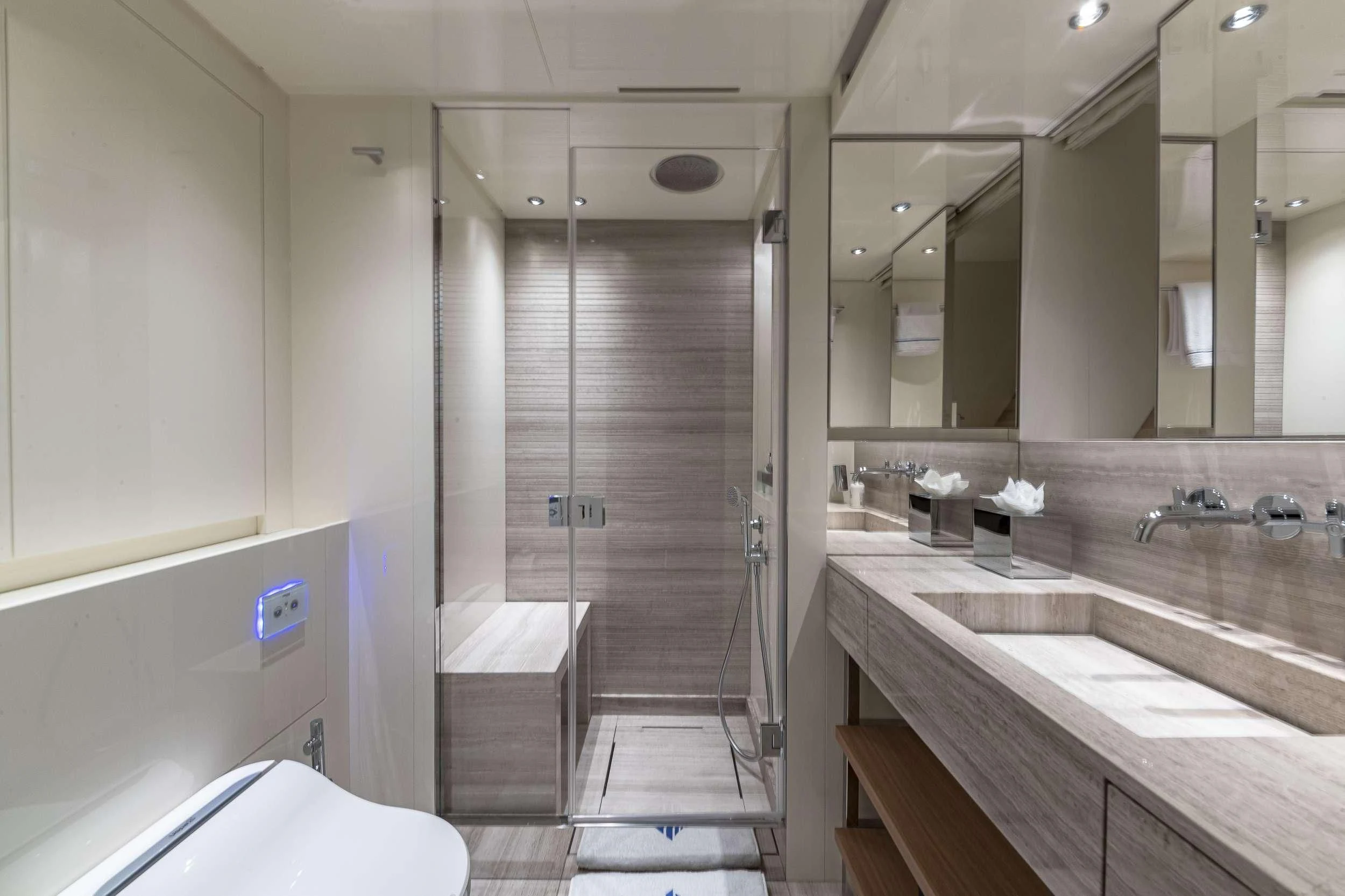 a bathroom with a standup shower aboard NO MATTER WHAT Yacht for Charter
