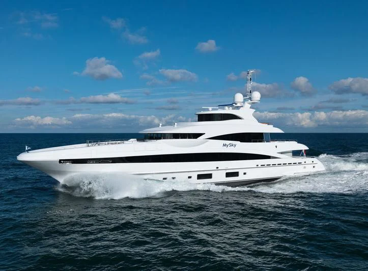 a white yacht on the water aboard PEARL Yacht for Sale